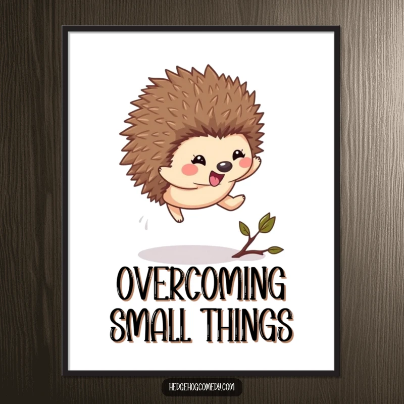 Funny Kawaii Hedgehog Digital Art Print: A cute hedgehog leaps with excitement over a twig in this energetic artwork.