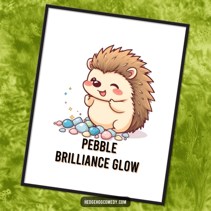 Funny Kawaii Hedgehog Digital Art: An excited hedgehog gleefully presents a collection of tiny, sparkling pebbles, capturing a moment of pure joy.