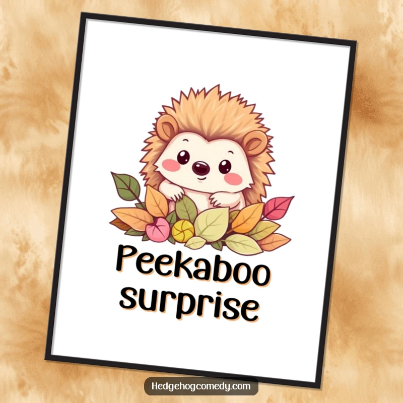 Funny Digital Art of a smiling Kawaii hedgehog curiously peeking out from a pile of vibrant autumn leaves.