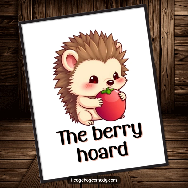 Funny digital art print of a timid hedgehog holding a large berry under its chin.