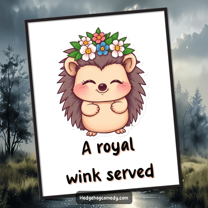 Funny Hedgehog Digital Art Print capturing a charming hedgehog character winking with a miniature flower crown, radiating playful royalty.