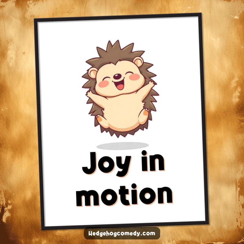 Funny digital art print of a joyful hedgehog doing a delighted somersault with a happy squeak.