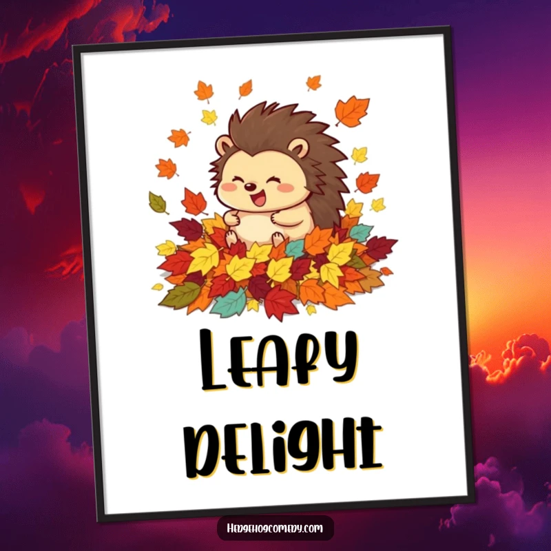 Funny digital art print of a happy hedgehog character rolling with excitement in a pile of colorful autumn leaves, perfect for instant art.