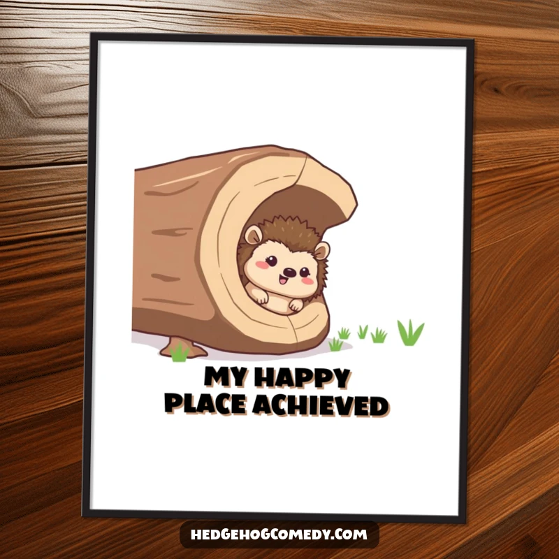 Funny giggling hedgehog peeking from a giant hollow log, printable digital art for a funny gift.