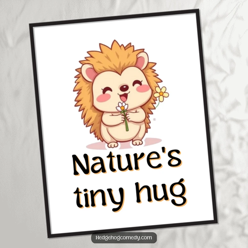 Funny digital art print of a happy hedgehog holding a delicate flower. A charming and whimsical illustration for instant decor.