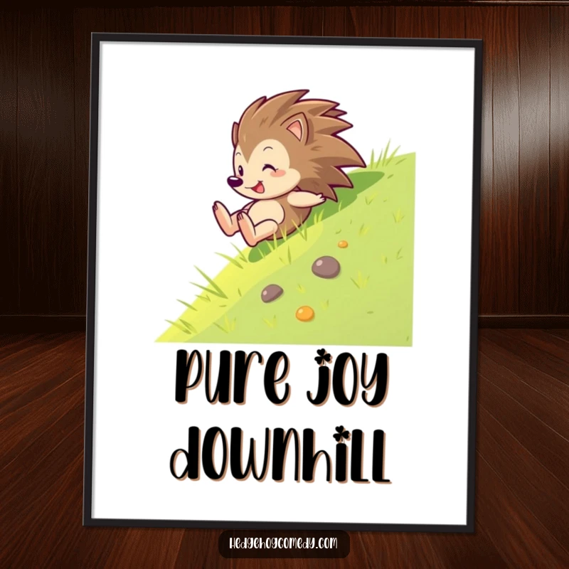 Funny digital art print of a hedgehog sliding down a grass slope with glee, celebrating spontaneous fun and joyful moments.
