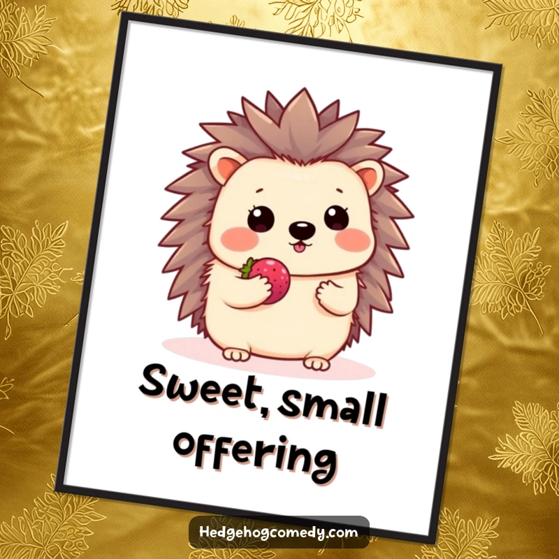Funny Kawaii Hedgehog Digital Art Print: A cute hedgehog shyly waves and offers a berry in this gentle instant download.