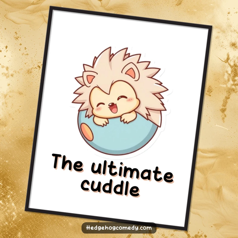 Funny digital art print of a joyful hedgehog character rolling into a ball, offering a whimsical and humorous visual for decor.