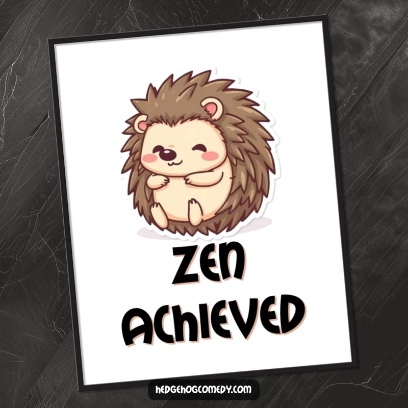 Funny kawaii hedgehog digital art print, a character rolling into a ball, cute, shy, and humorous depiction.