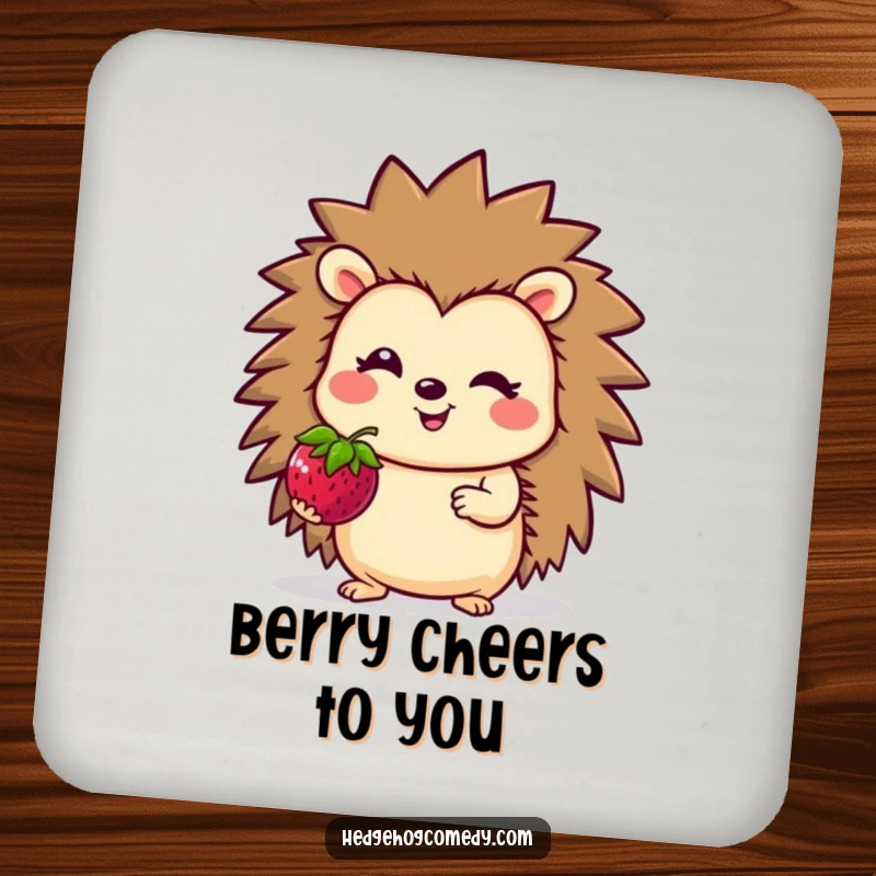 Funny Coaster featuring a smiling hedgehog character offering a berry, protecting surfaces with a cute design.