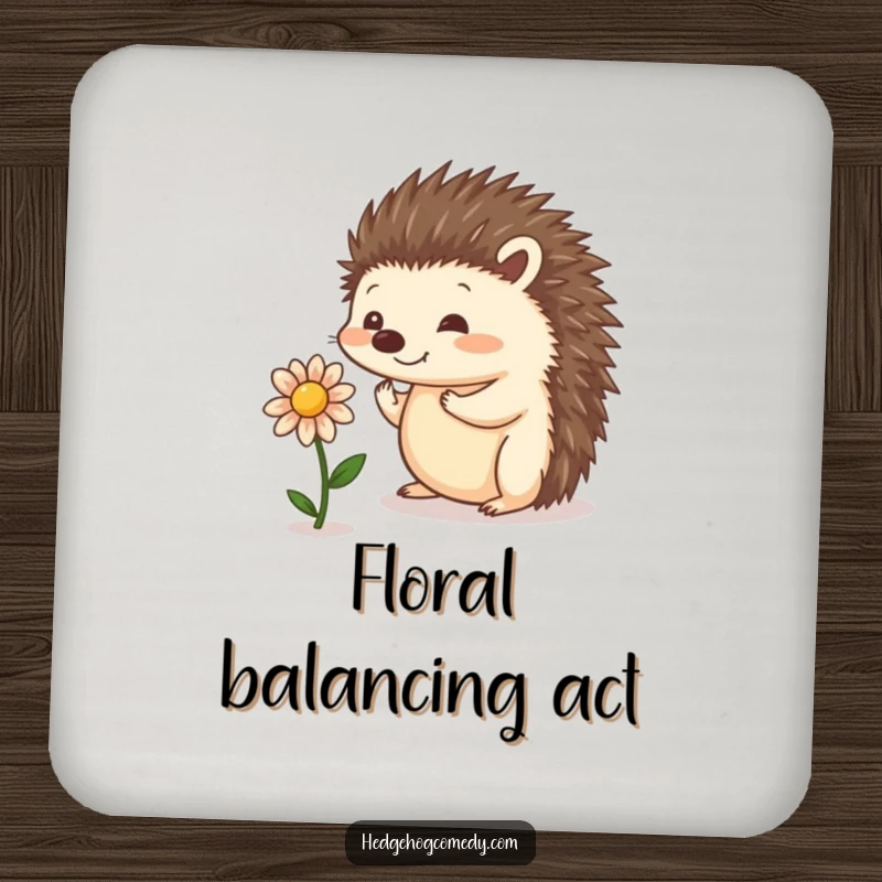 Funny set of drink coasters featuring a playful hedgehog balancing a tiny flower, protecting tables with cute, whimsical charm.