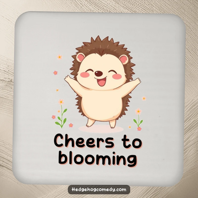 Funny drink coaster with a joyful hedgehog dancing among tiny flowers, offering stylish and humorous surface protection.