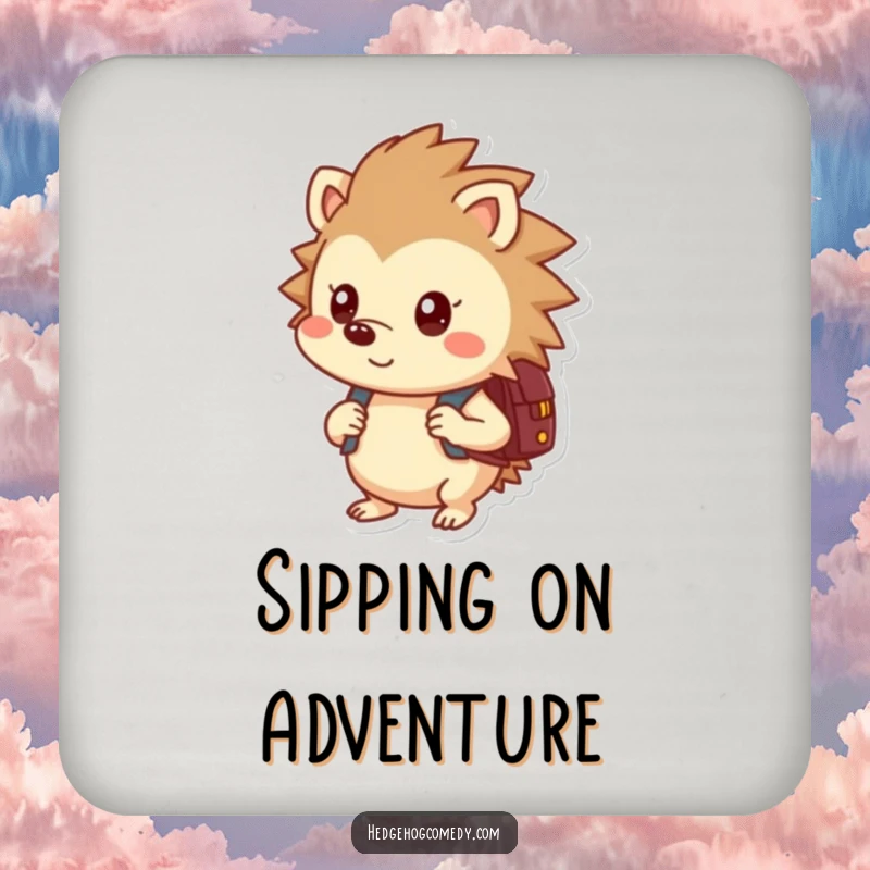 Funny drink coaster with a curious hedgehog and backpack, protecting surfaces with a touch of quirky charm.