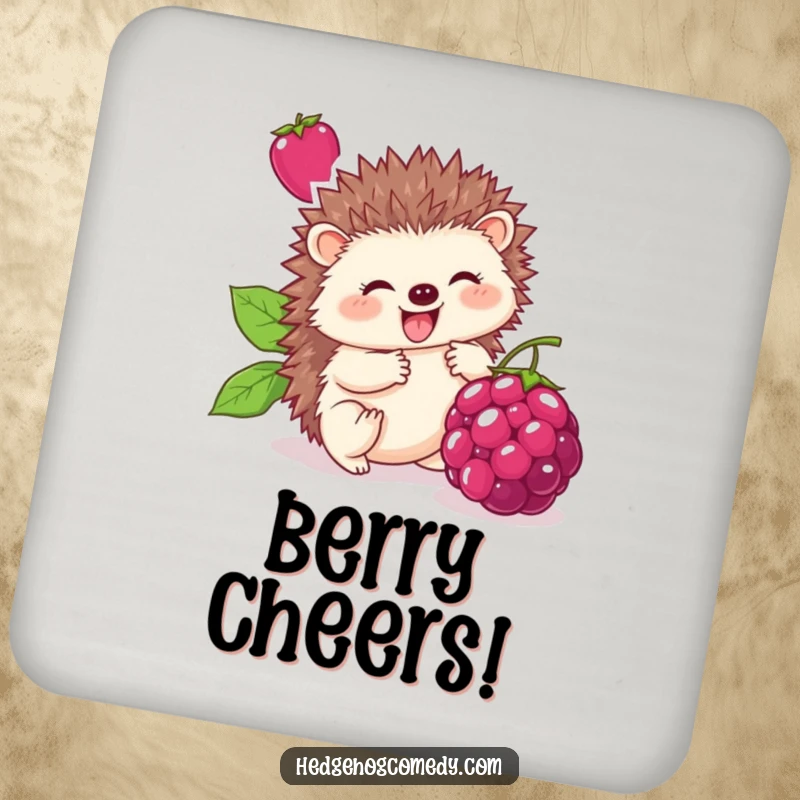 Funny coaster design of a cute hedgehog happily rolling a large berry, bringing humorous protection to surfaces.