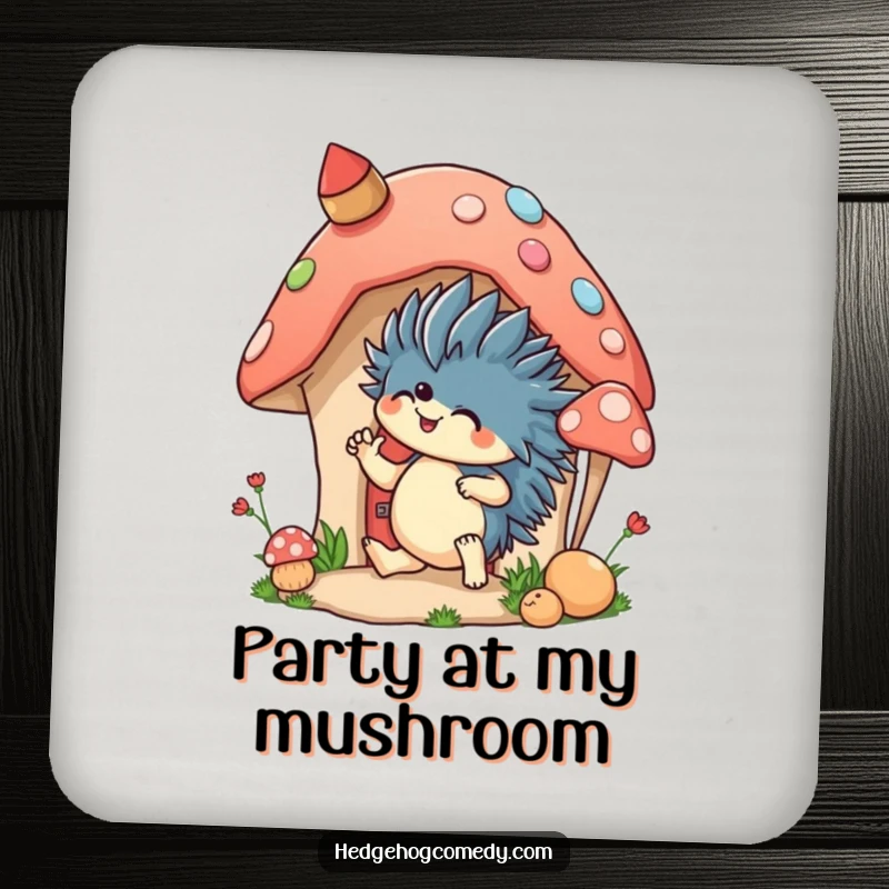 Funny drink coaster with an excited hedgehog decorating a mushroom house, adding playful charm to any table setting.