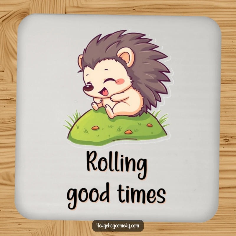 Funny Drink Coaster: A happy hedgehog rolling downhill, protecting surfaces with charming humor. Perfect for tabletops.