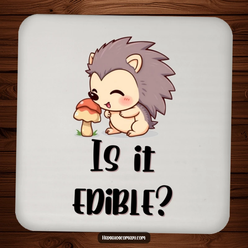 Funny hedgehog excitedly sniffing a mushroom on a drink coaster, adding a humorous touch to tabletops.