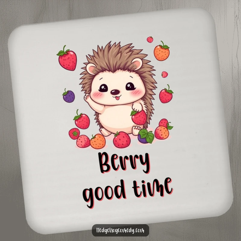 Funny kawaii hedgehog coasters featuring a cute hedgehog happily juggling colorful berries, perfect for protecting surfaces.