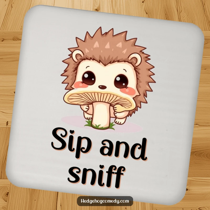 Funny Drink Coaster showing a cute Kawaii hedgehog curiously sniffing a large mushroom, protecting your surfaces.