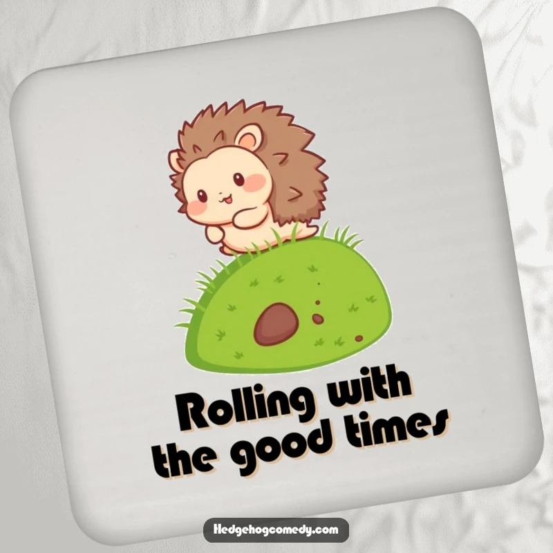 Funny Kawaii Hedgehog Coaster showing a cute hedgehog character rolling down a grassy hill, adding charm and protection.
