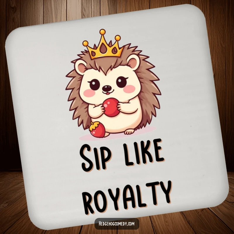 Funny drink coaster featuring a kawaii hedgehog wearing a crown and balancing a berry, protecting furniture with cute humor.