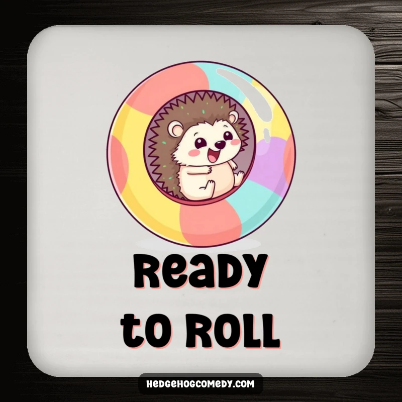 Funny Drink Coaster showing a happy Kawaii hedgehog rolling inside a giant, colorful ball, protecting your surfaces.