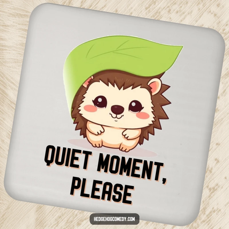 Funny kawaii hedgehog coaster, shyly peeking from behind a leaf with a smile, cute and funny surface protector.