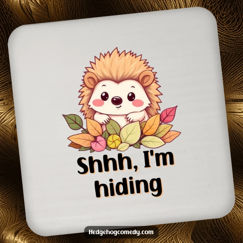 Funny Drink Coaster showing a smiling Kawaii hedgehog peeking from a pile of leaves, protecting your surfaces.