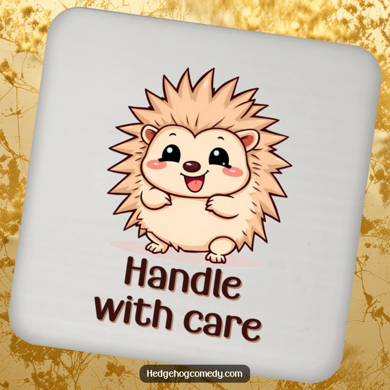 Funny Drink Coaster showing a happy Kawaii hedgehog wiggling playfully and unfurling its spines, protecting your surfaces.