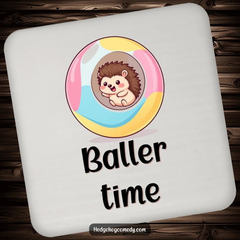 Funny kawaii hedgehog coasters featuring a cute hedgehog excitedly rolling downhill inside a giant, colorful ball, perfect for protecting surfaces.