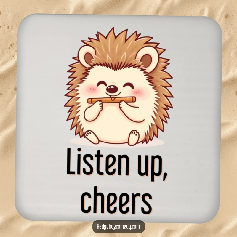 Funny hedgehog playing a flute on a drink coaster, adding musical charm and humor, excellent funny gift.