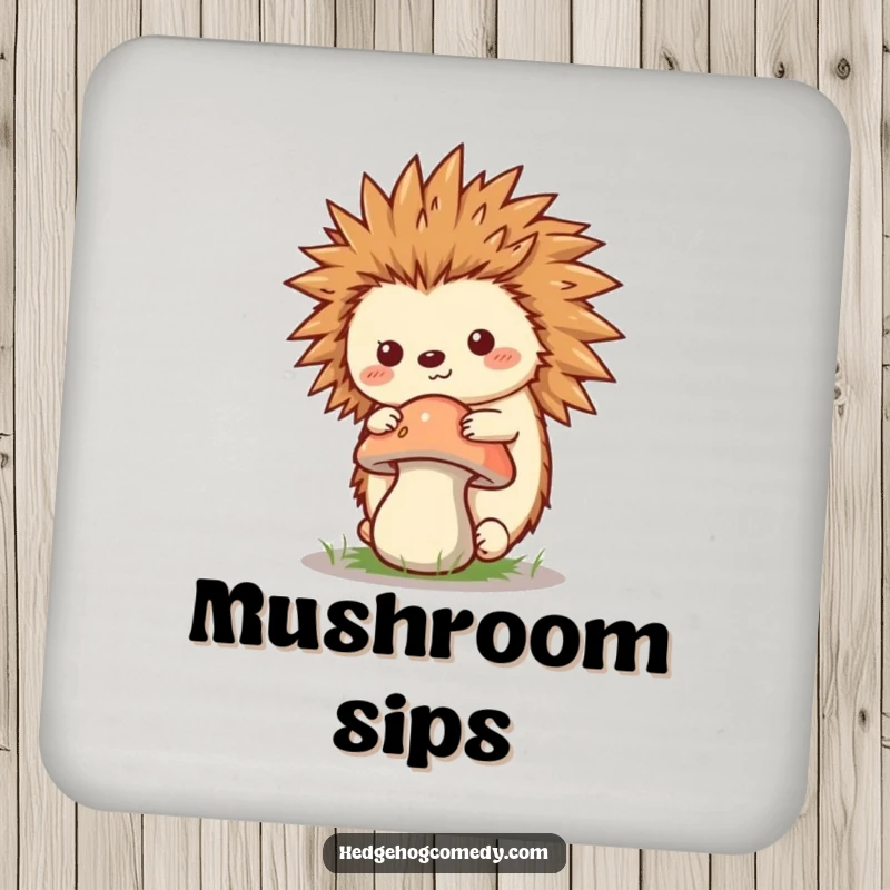 Funny Kawaii Hedgehog Drink Coaster, balancing a mushroom on its quills, ideal for protecting surfaces with whimsical and humorous nature flair.