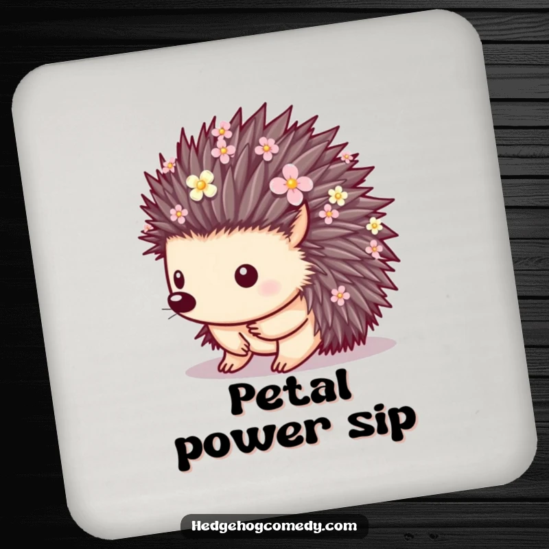 Funny set of drink coasters featuring a hedgehog with quills decorated with small flowers, protecting tables with cute charm.
