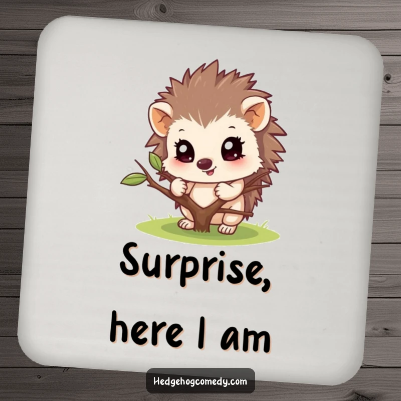 Funny drink coaster featuring a hedgehog peeking from behind a twig. Protects surfaces with a playful, humorous touch.