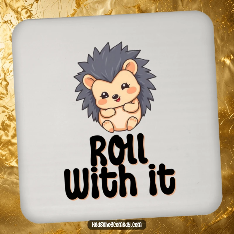 Funny drink coaster featuring a hedgehog curled into a cute, round, happy ball. Humorous and practical table protection.