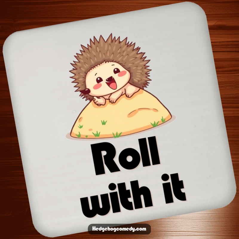 Funny drink coaster with a happy hedgehog rolling downhill, spines up, providing stylish and humorous surface protection.