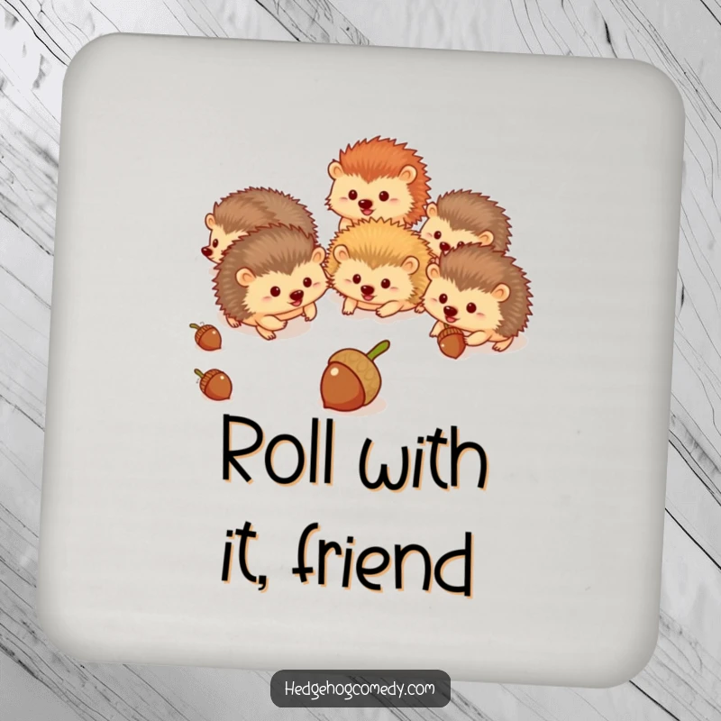 Funny hedgehogs are illustrated on protective drink coasters, comically chasing acorns in a woodland setting.