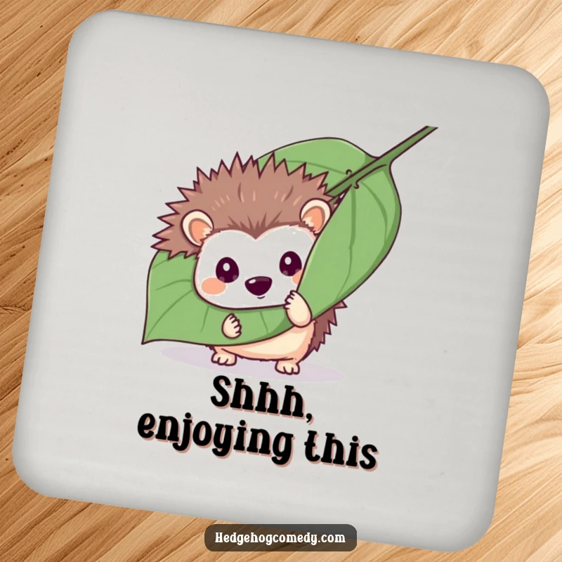 Funny mischievous hedgehog hiding behind a leaf on a drink coaster, adding playful charm and humor, excellent funny gift.