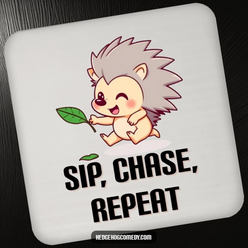 Funny drink coaster featuring a hedgehog character excitedly chasing a floating leaf. Playful and humorous table protection.