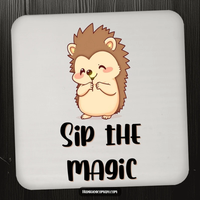 Funny drink coaster with a happy hedgehog holding a glowing firefly, adding a touch of enchanting magic to any surface.