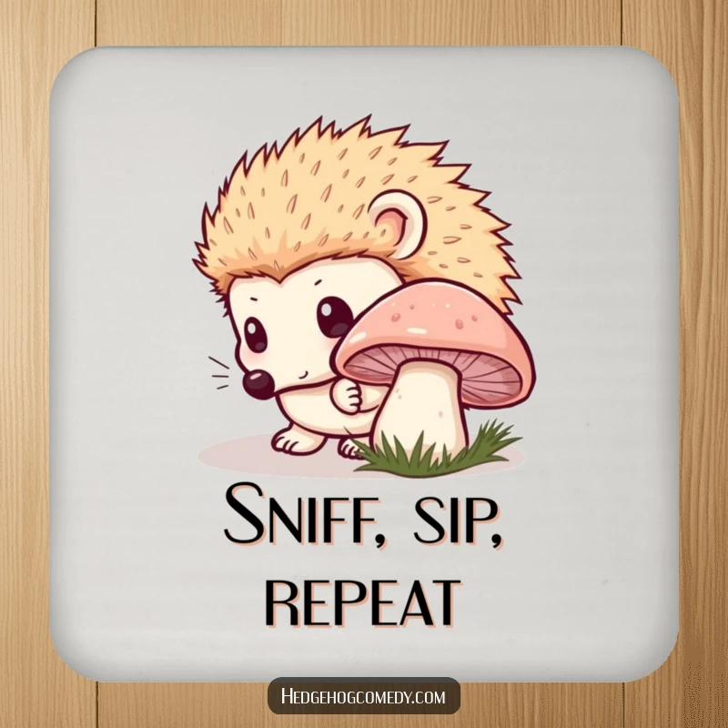Funny Kawaii Hedgehog Coaster: Innocent curiosity sniffing a dewy mushroom, a cute and funny way to protect surfaces. Great funny gift.
