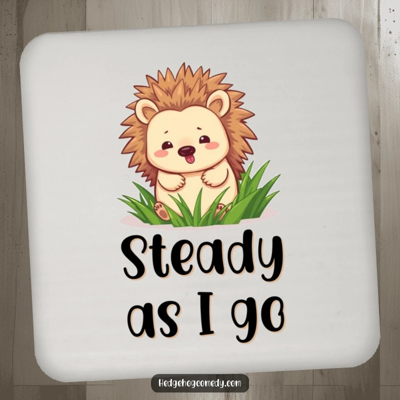 Funny hedgehog happily waddling through green grass on a drink coaster, adding a joyful touch to tabletops.