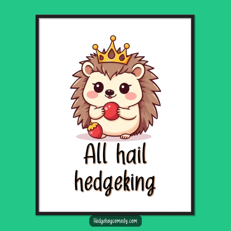 Brighten any room with this funny kawaii hedgehog poster! The tiny crowned hedgehog balancing a berry adds a delightful touch of whimsy and charm.