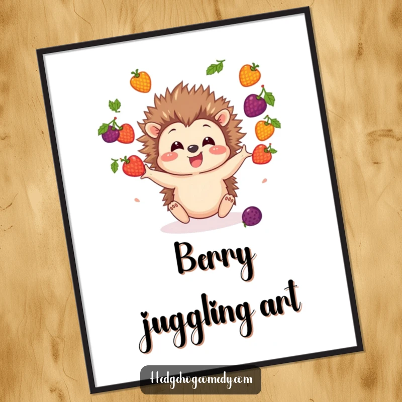 Funny Hedgehog Poster showcasing a happy hedgehog character juggling a colorful array of berries with great enthusiasm.