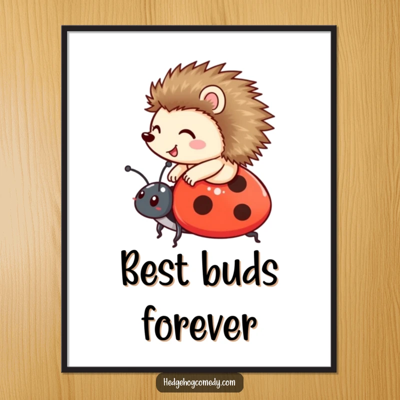 Funny happy hedgehog riding a friendly ladybug on a poster, creating a whimsical and joyful scene, ideal funny gift.
