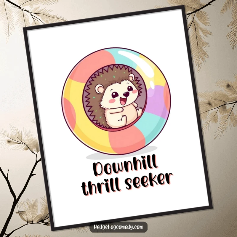 Funny Poster art of a cute Kawaii hedgehog excitedly tumbling downhill within a massive, vibrant, multi-colored ball.