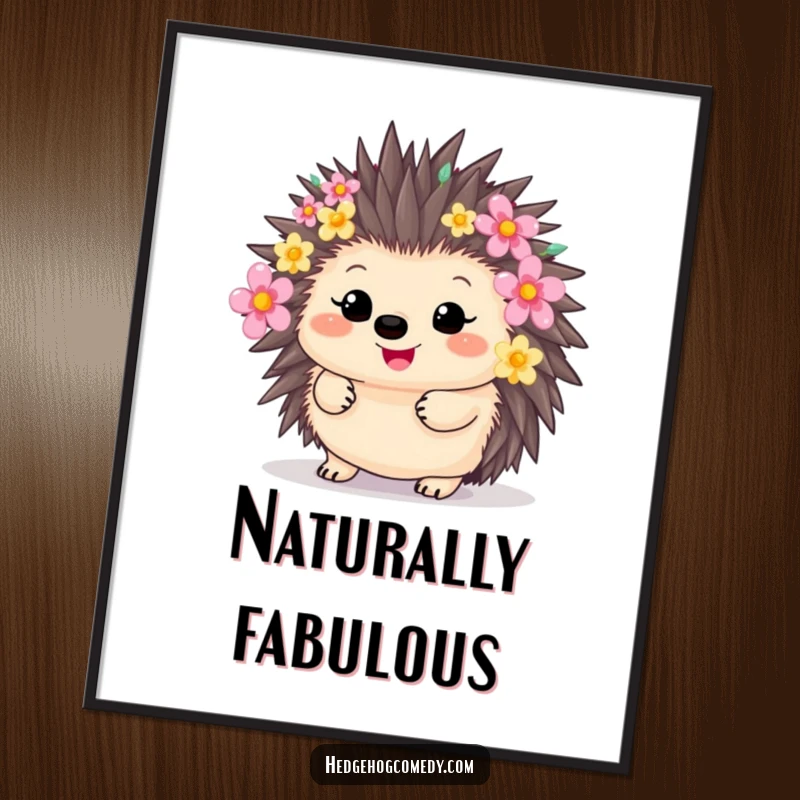 Funny happy kawaii hedgehog with quills decorated with colorful flowers, perfect for humorous wall art gift.
