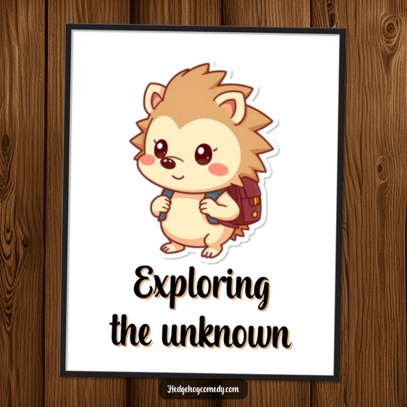 Funny poster print of a curious hedgehog with a backpack, adding a whimsical and humorous touch to any room.