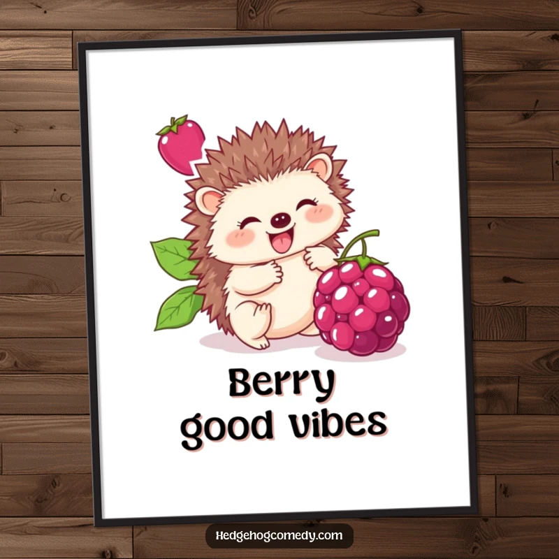 Funny poster print of a cute hedgehog joyfully rolling a huge berry, radiating infectious humor and sweet delight.