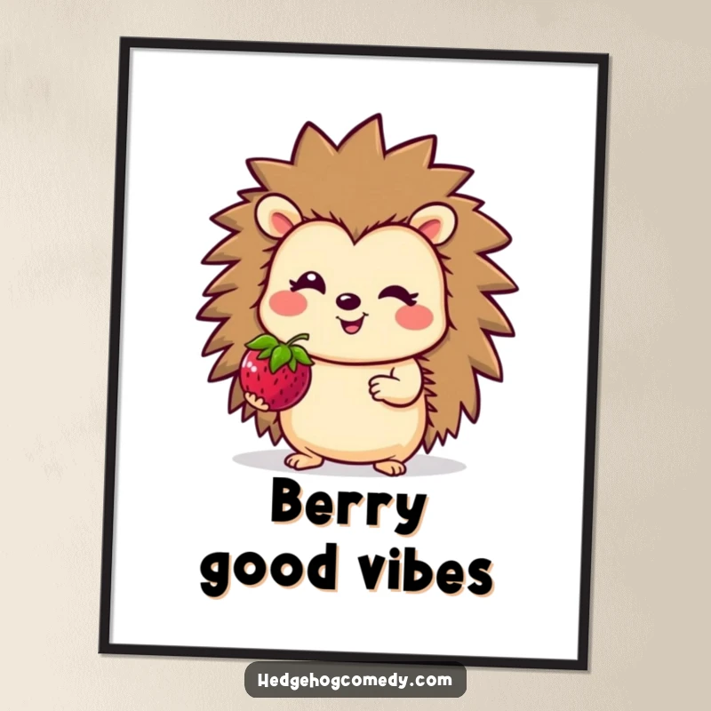 Funny Poster showcasing a smilimg hedgehog character presenting a plump berry, adding a cheerful vibe to wall decor.